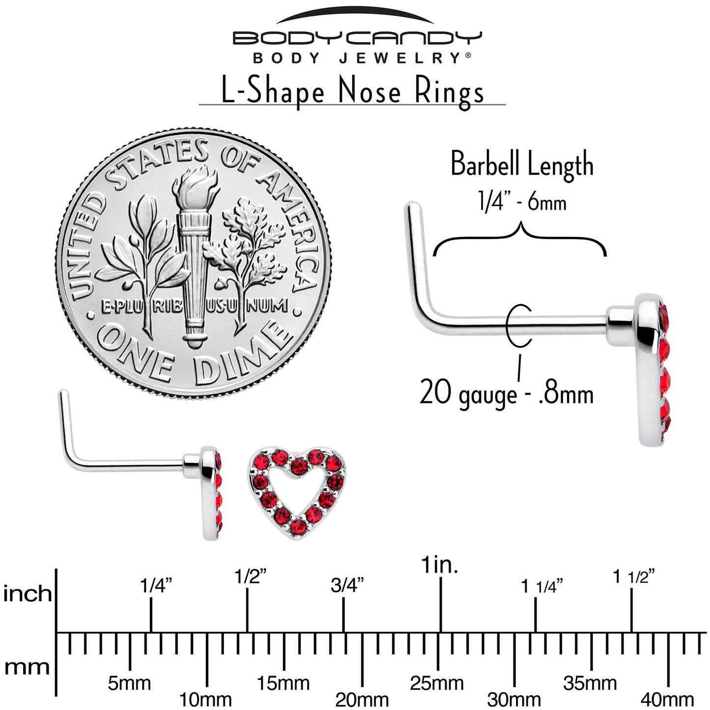 20G 7mm Red Gem Hollow Paved Heart L Shape Nose Ring