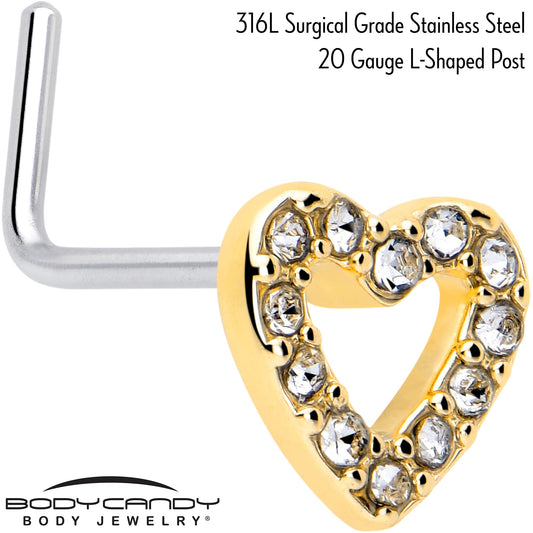 20G 7mm Clear Gem Golden Hollow Paved Heart L Shape Nose Ring