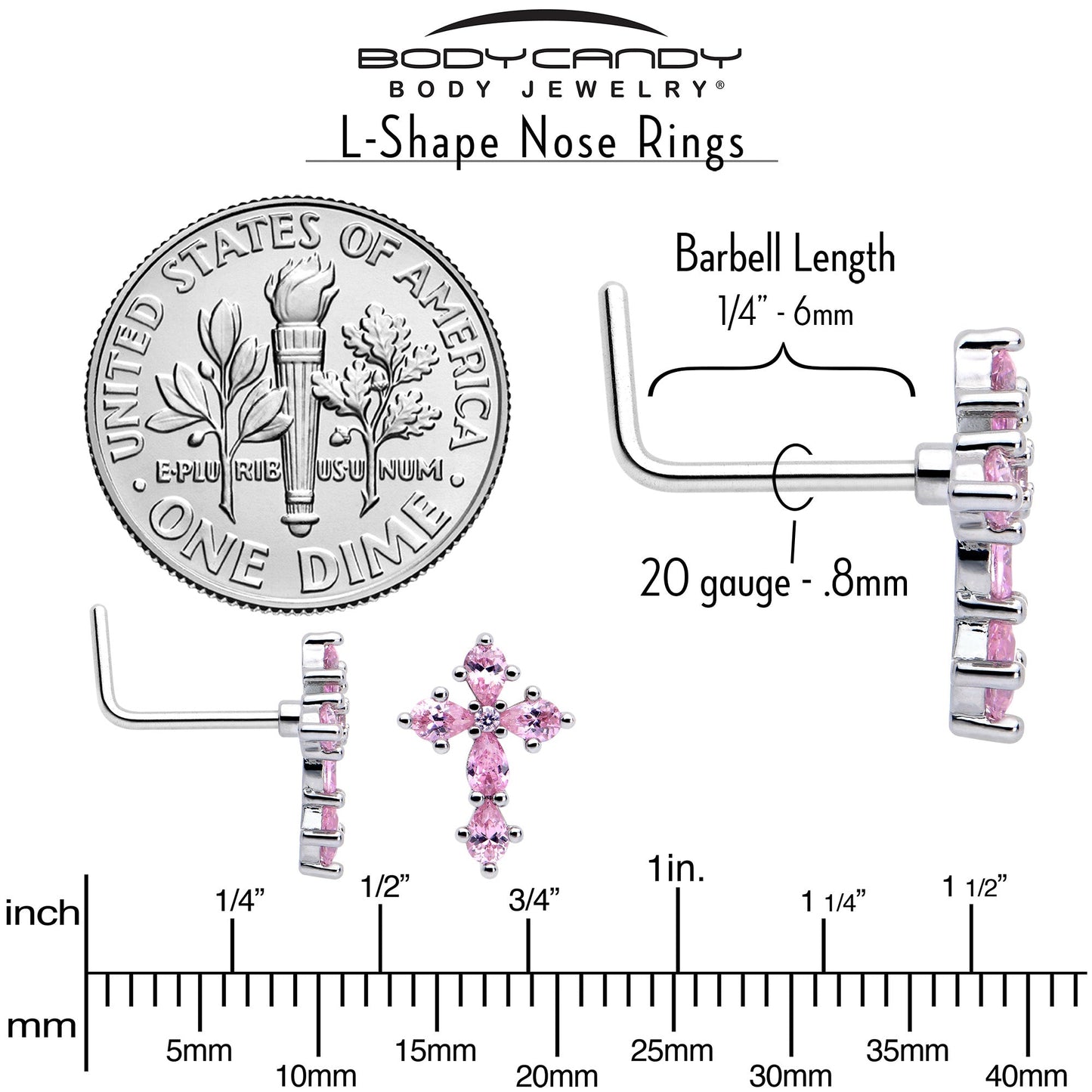 20G 7mm Pink CZ Gem Classic Cross L Shape Nose Ring