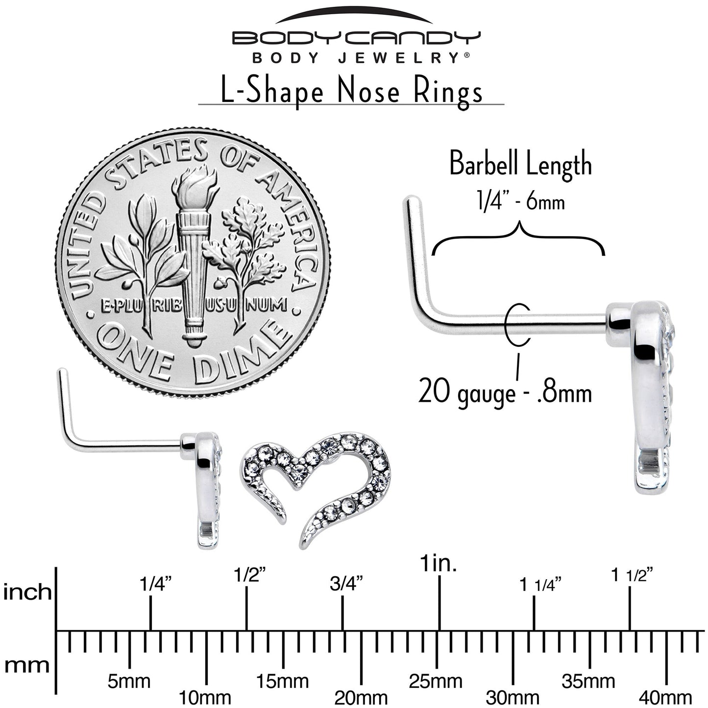 20G 7mm Clear Gem Stylized Heart L Shape Nose Ring