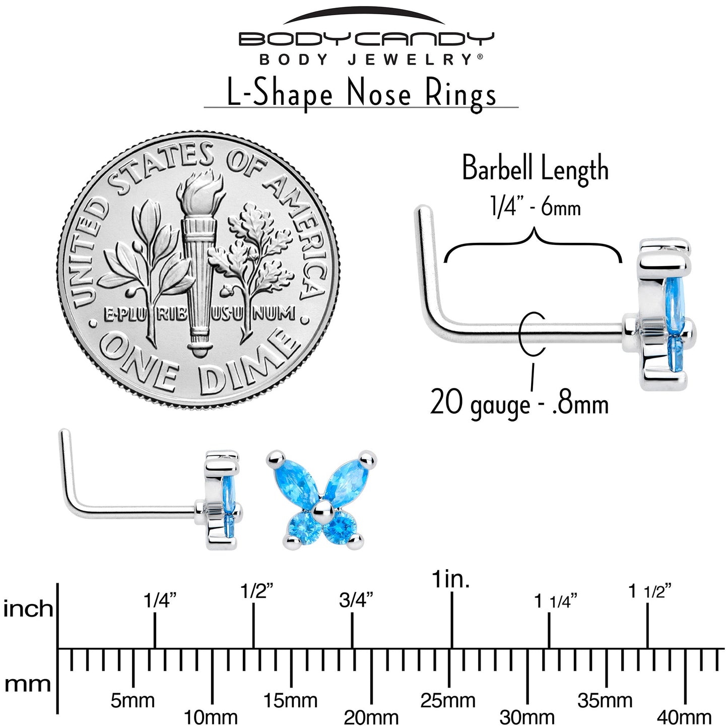 20G 7mm Blue CZ Gem Open Wing Butterfly L Shape Nose Ring