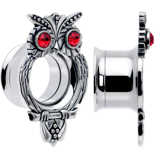 Red CZ Gem Wise Owl Screw Fit Tunnel Plug Set Available Sizes 6mm to 16mm