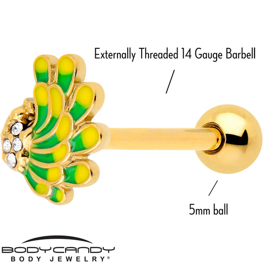 Clear Gem Gold Tone Peacock Green Yellow Barbell Tongue Ring