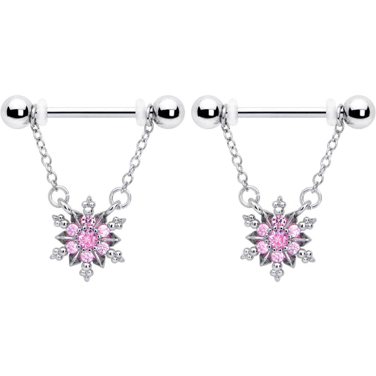 14G 9/16 Pink CZ Gem Glam Snowflake Chain Dangle Nipple Ring Set