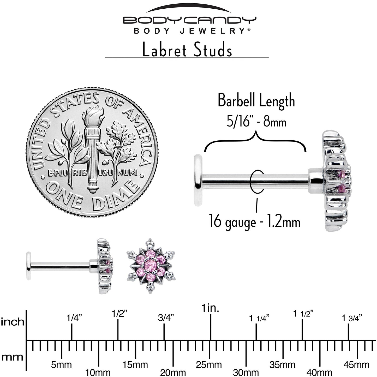 16G 5/16 Pink CZ Gem Glam Snowflake Labret Monroe Tragus