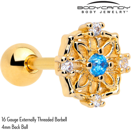 16G 1/4 Blue CZ Gem Gold Tone Flower Ring Cartilage Tragus Earring