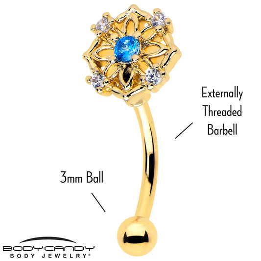 16G 5/16 Blue CZ Gem Gold Tone Flower Ring Curved Eyebrow Ring