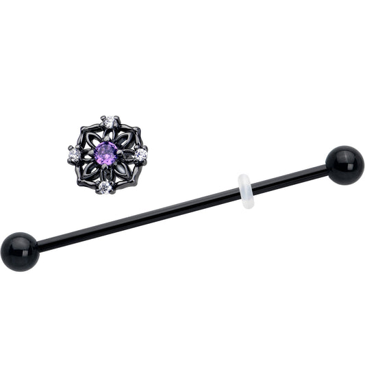 14G Purple CZ Gem Black Flower Ring Industrial Barbell 38mm
