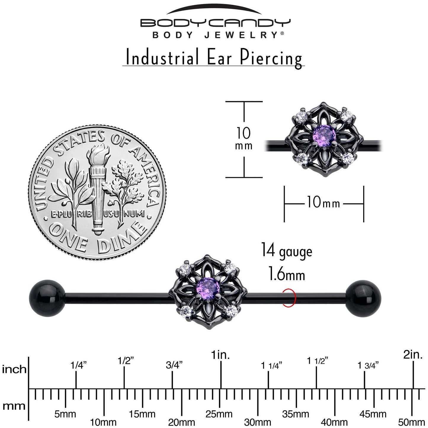14G Purple CZ Gem Black Flower Ring Industrial Barbell 38mm