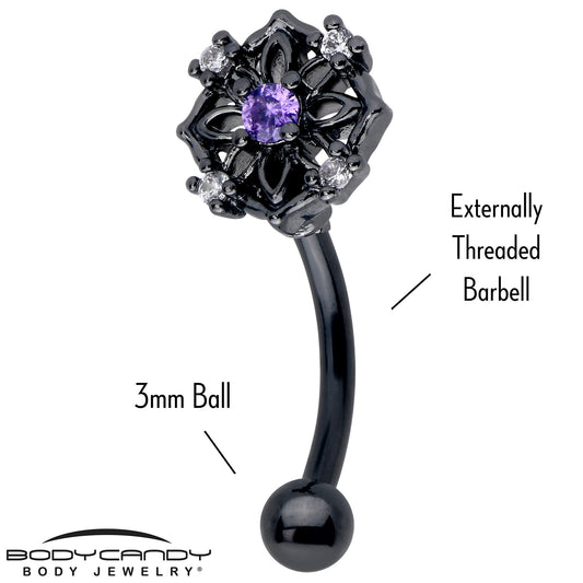 16G 5/16 Purple CZ Gem Black Flower Ring Curved Eyebrow Ring