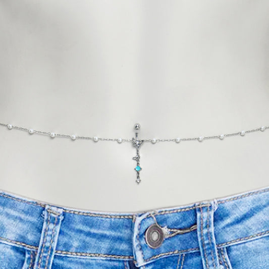 Clear CZ Gem Double Butterfly Faux Pearl Dangle Belly Chain Belly Ring
