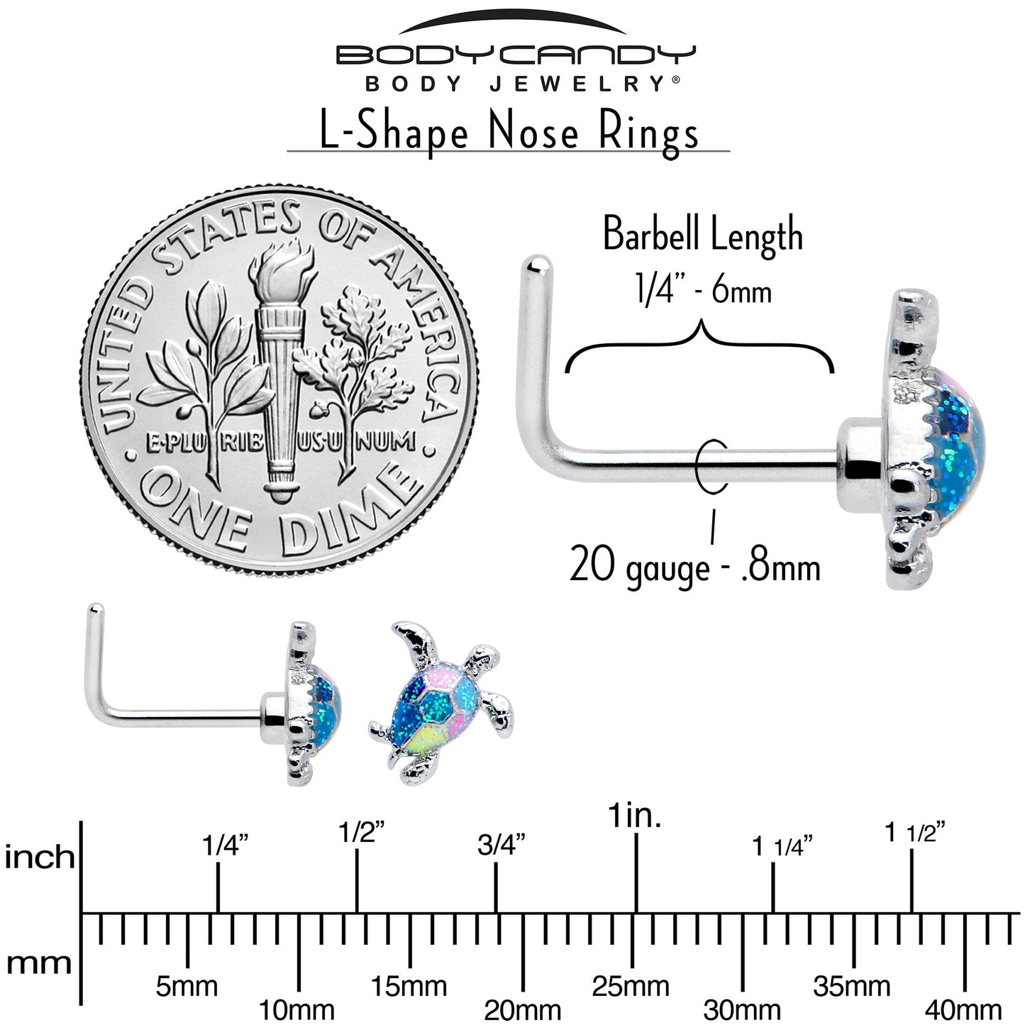 20G 7mm Glitter Turtle L Shape Nose Ring