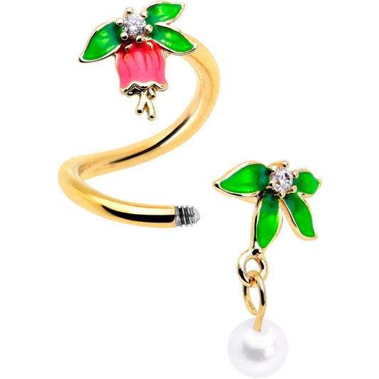 Clear CZ Gem Gold Tone Bell Flower Spiral Twister Belly Ring