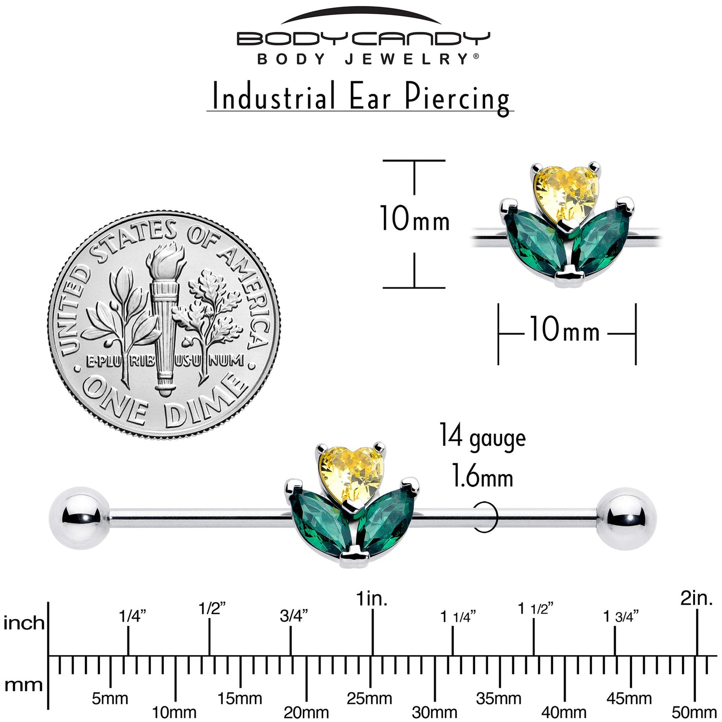 14G Yellow Green CZ Gem Love Flower Industrial Barbell 38mm