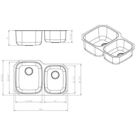 32" L x 20-3/4" W x 9" D Undermount 16 Gauge Stainless Steel 60/40 Double Bowl Sink