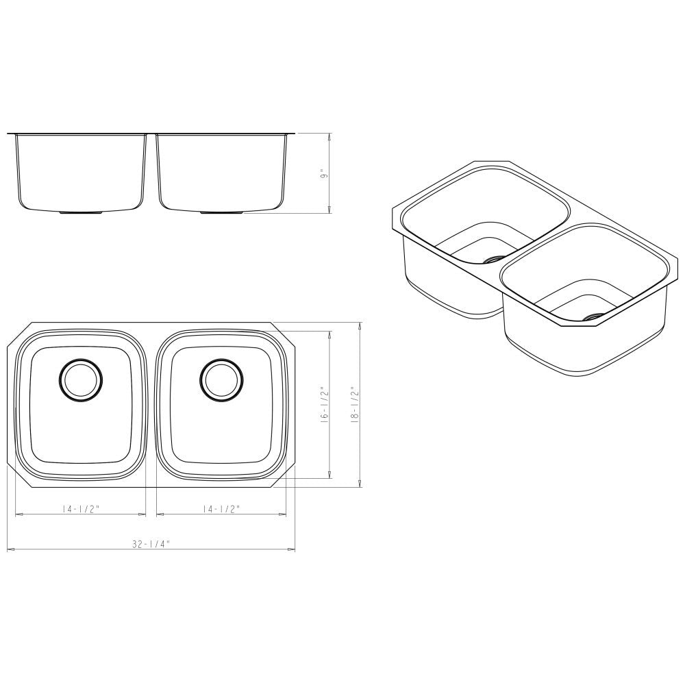 32-1/4" L x 18-1/2" W x 9" D Undermount 18 Gauge Stainless Steel 50/50 Double Bowl Sink