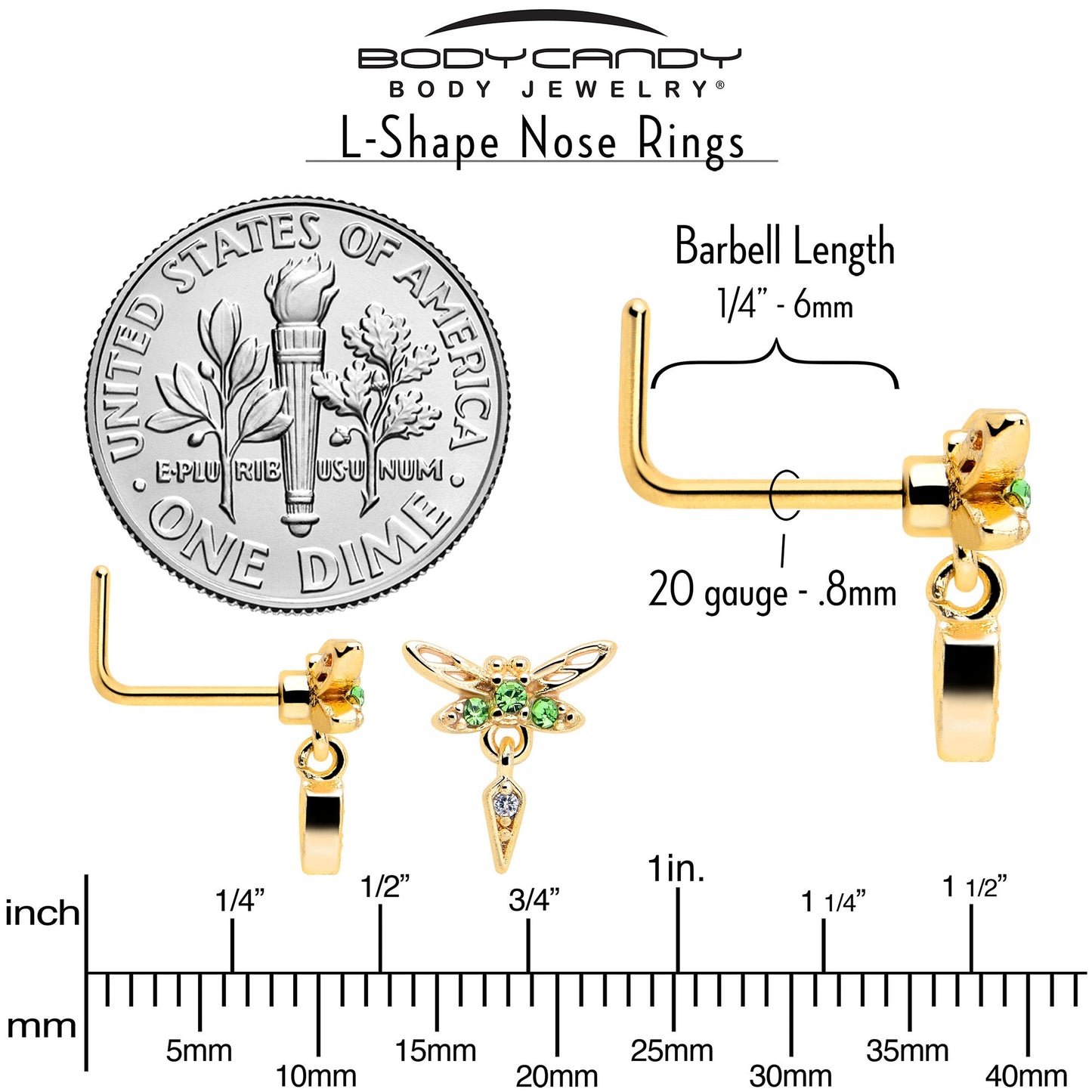 20G 7mm Green Gem Gold Tone Swank Dragonfly L Shape Nose Ring