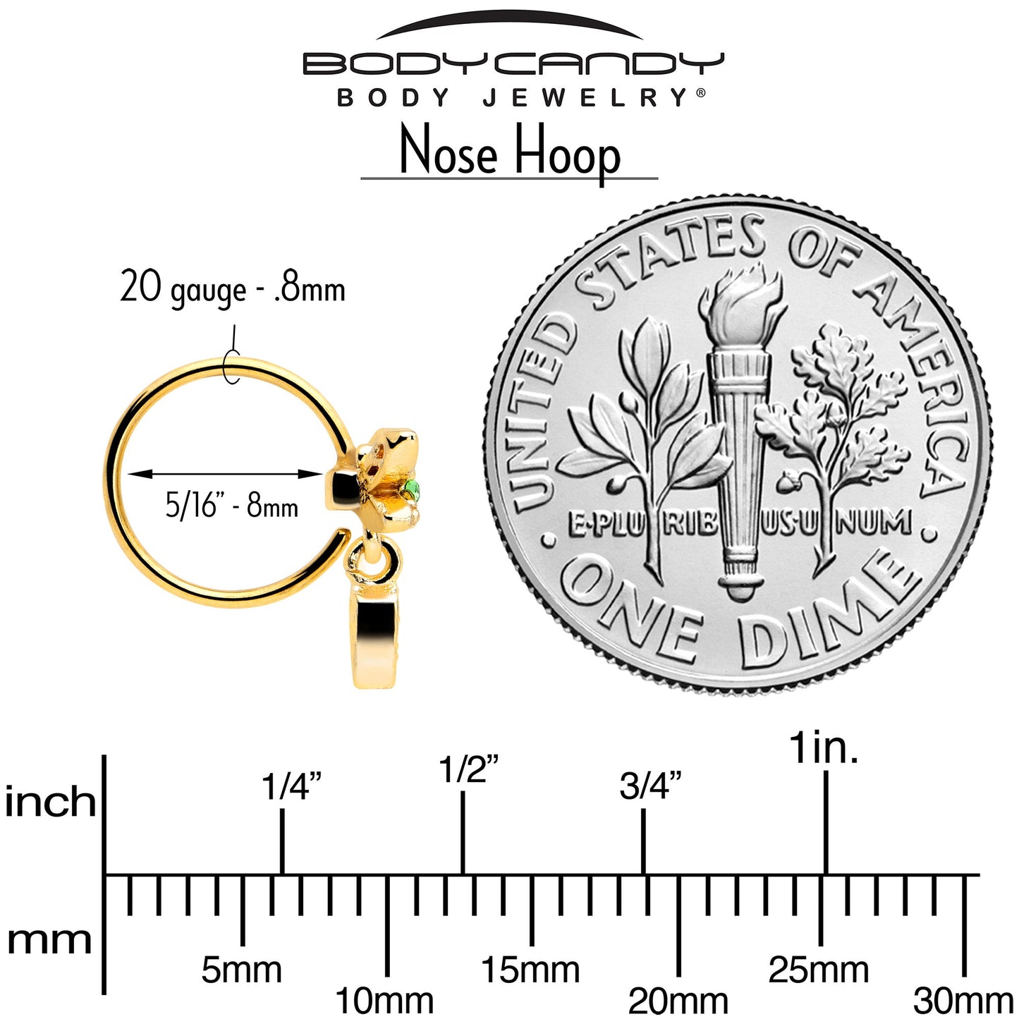 20G 5/16 Green Gem Gold Tone Swank Dragonfly Nose Hoop