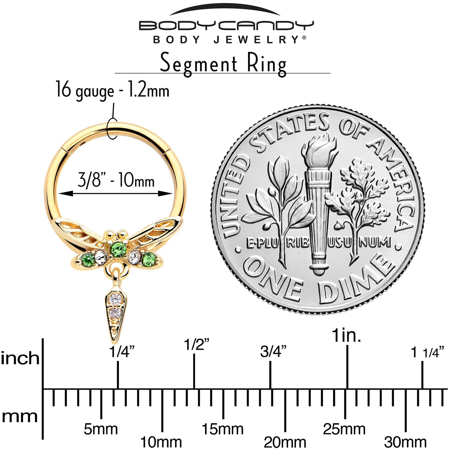 16G 3/8 Green Gem Gold Tone Swank Dragonfly Dangle Hinged Segment Ring