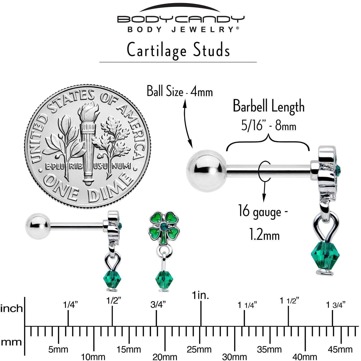 16G 5/16 Green Gem Shamrock Glam St Patricks Dangle Cartilage Earring