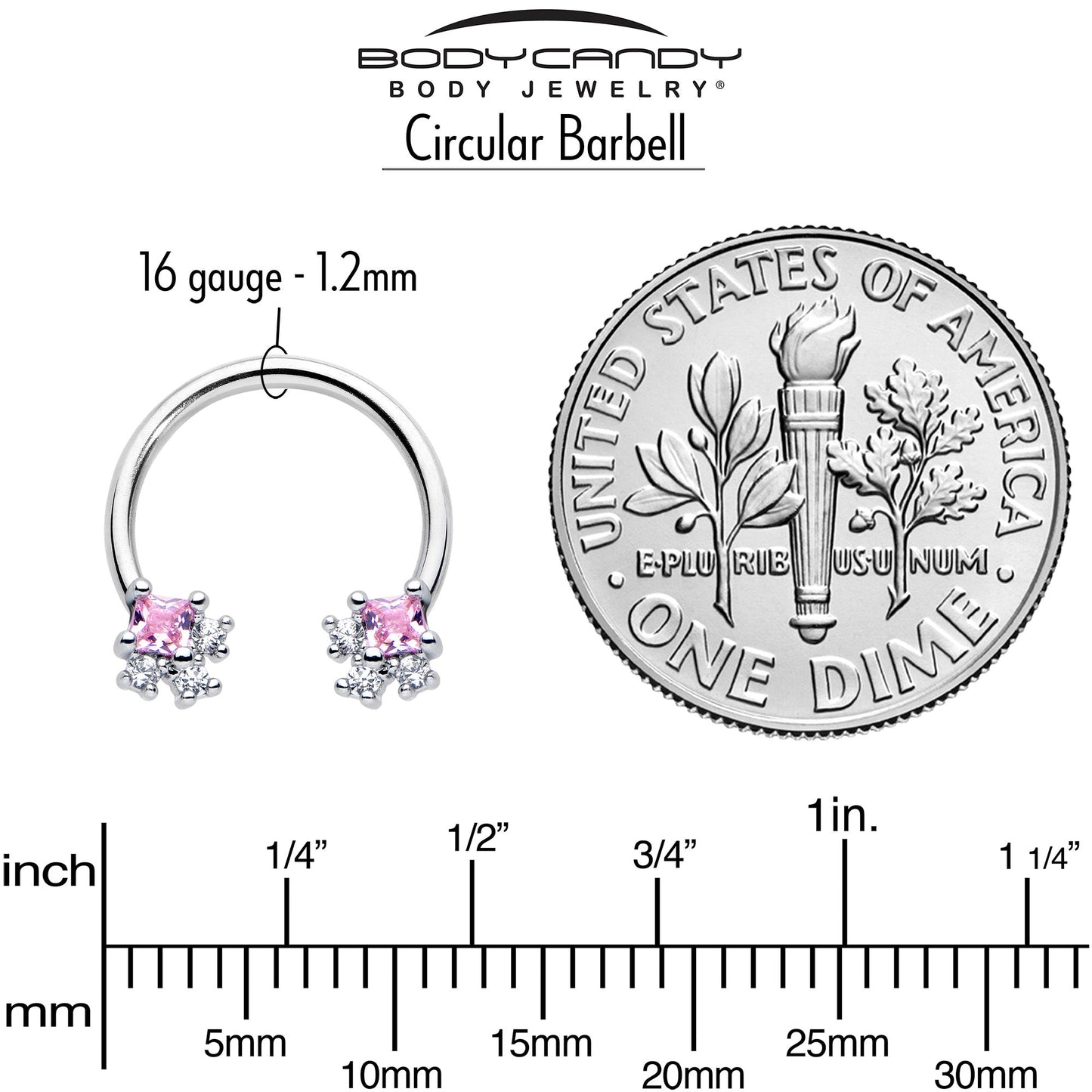 16G 3/8 Pink CZ Gem Rhombus Riot Horseshoe Circular Barbell