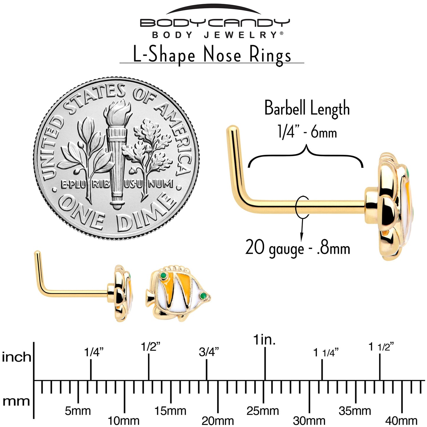 20G 7mm Gold Tone Tropical Fish L Shape Nose Ring Set of 3