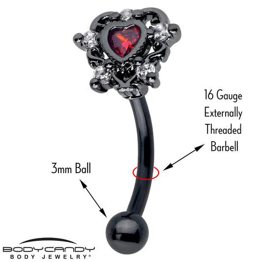 16G 5/16 Red CZ Gem Black Double Heart Curved Eyebrow Ring