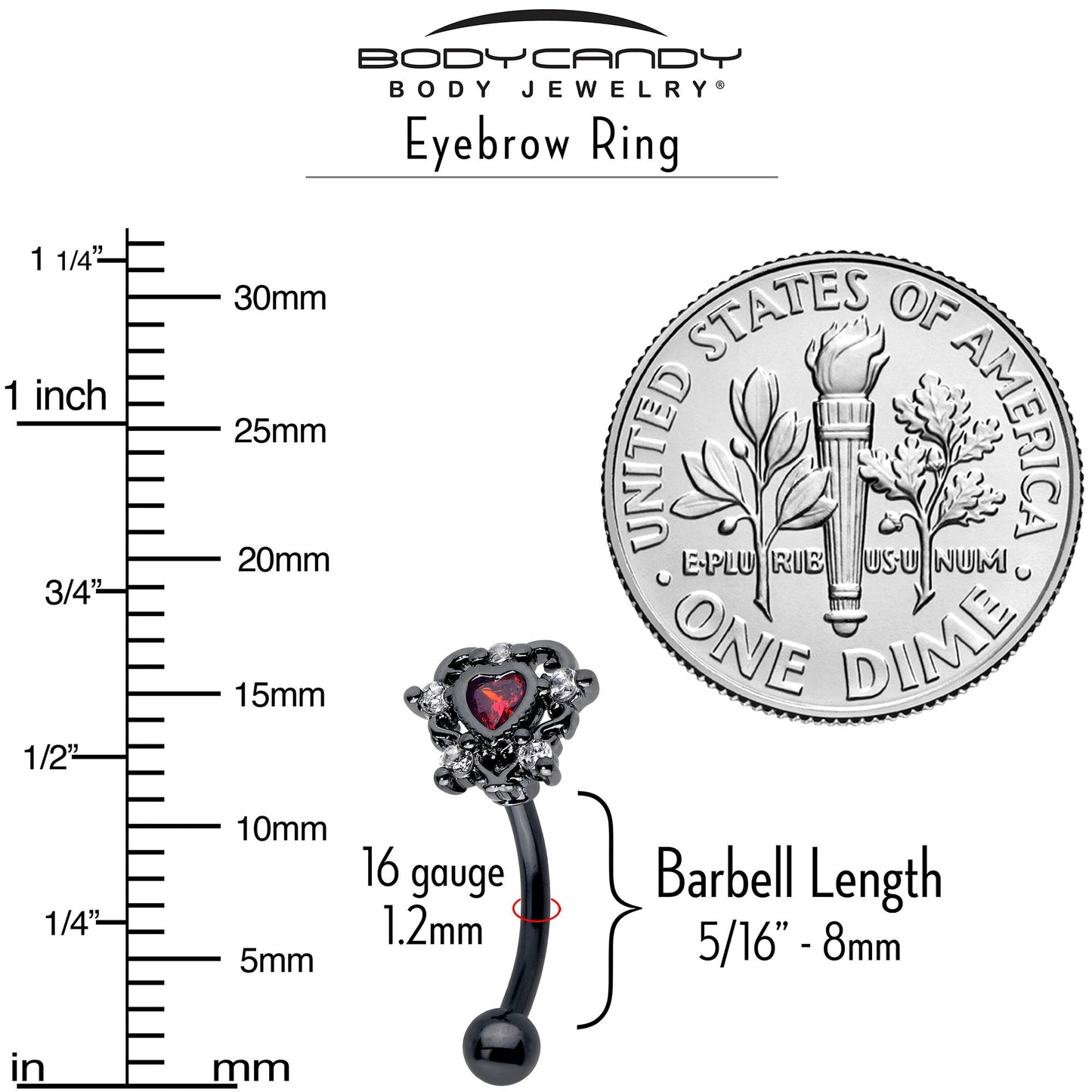 16G 5/16 Red CZ Gem Black Double Heart Curved Eyebrow Ring