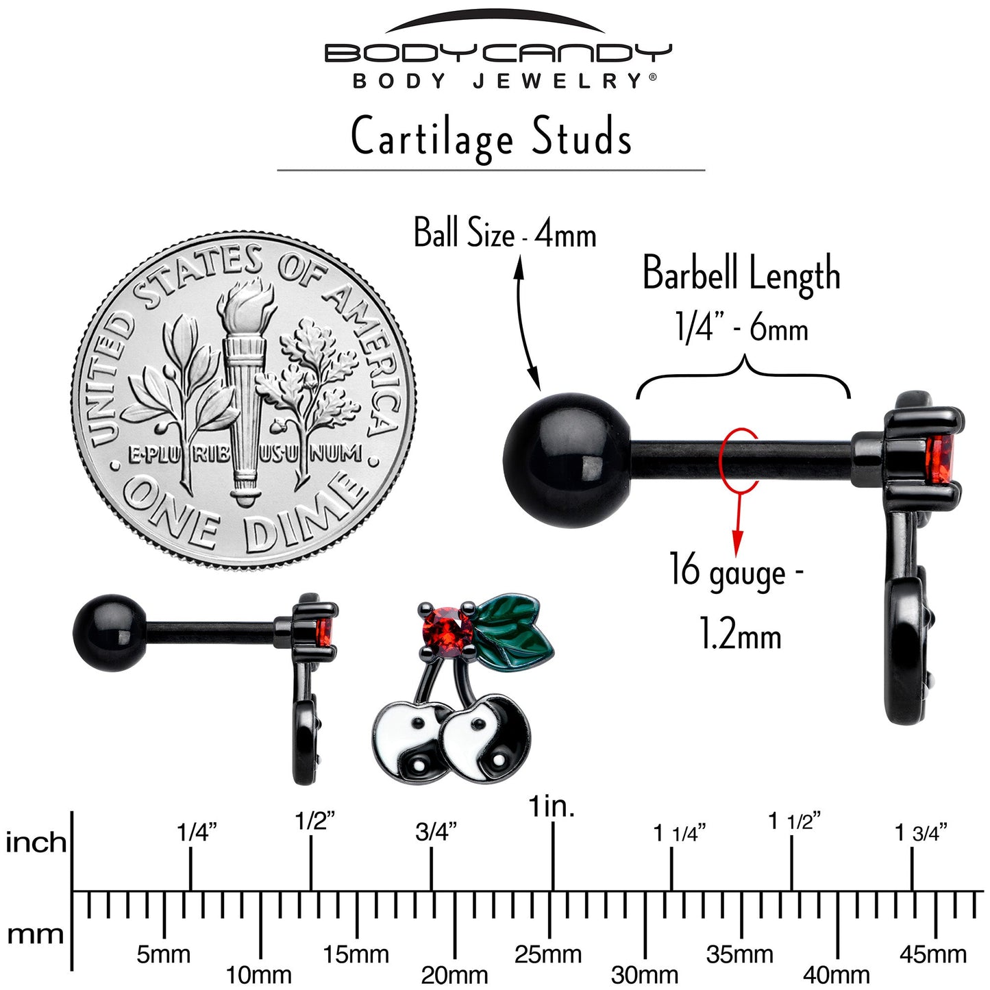 16G 1/4 Red CZ Gem Black Yin Yang Cherry Cartilage Tragus Earring