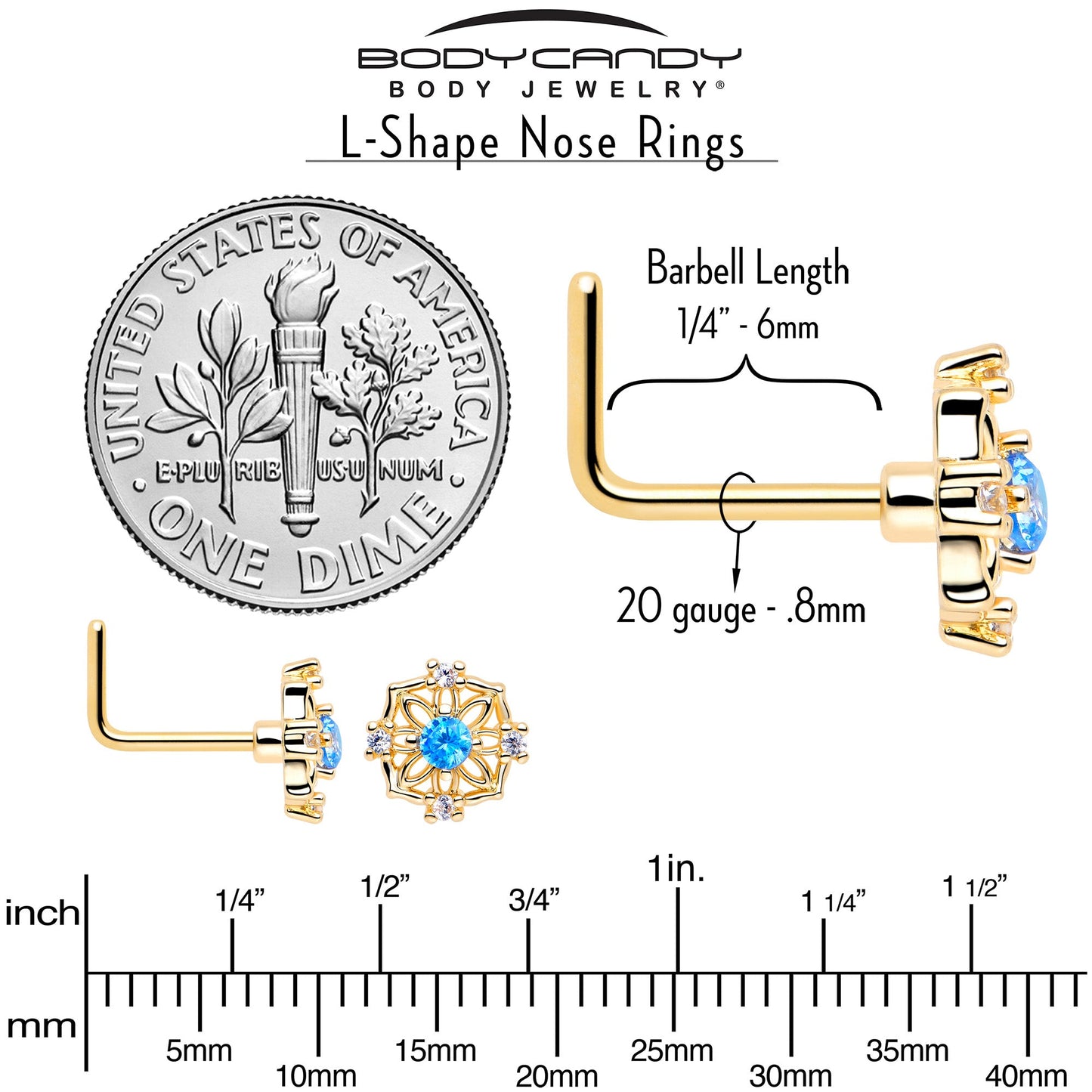 20G 7mm Blue CZ Gem Gold Tone Flower Ring L Shape Nose Ring