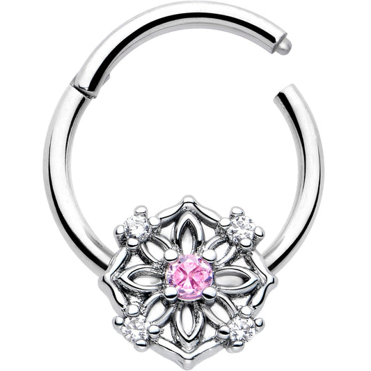 16G 3/8 Pink CZ Gem Flower Circle Hinged Segment Ring