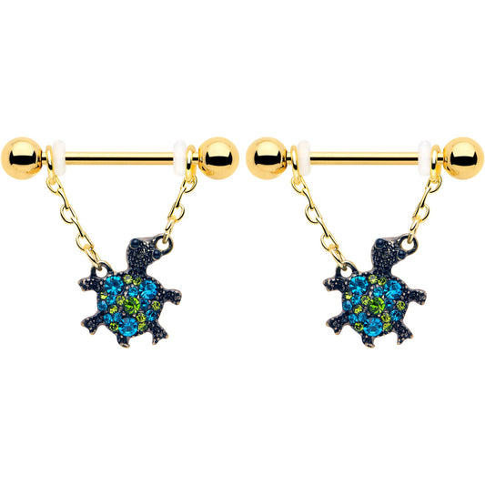 14G 9/16 Blue Gem Gold Hue Sweet Sea Turtle Dangle Nipple Ring Set
