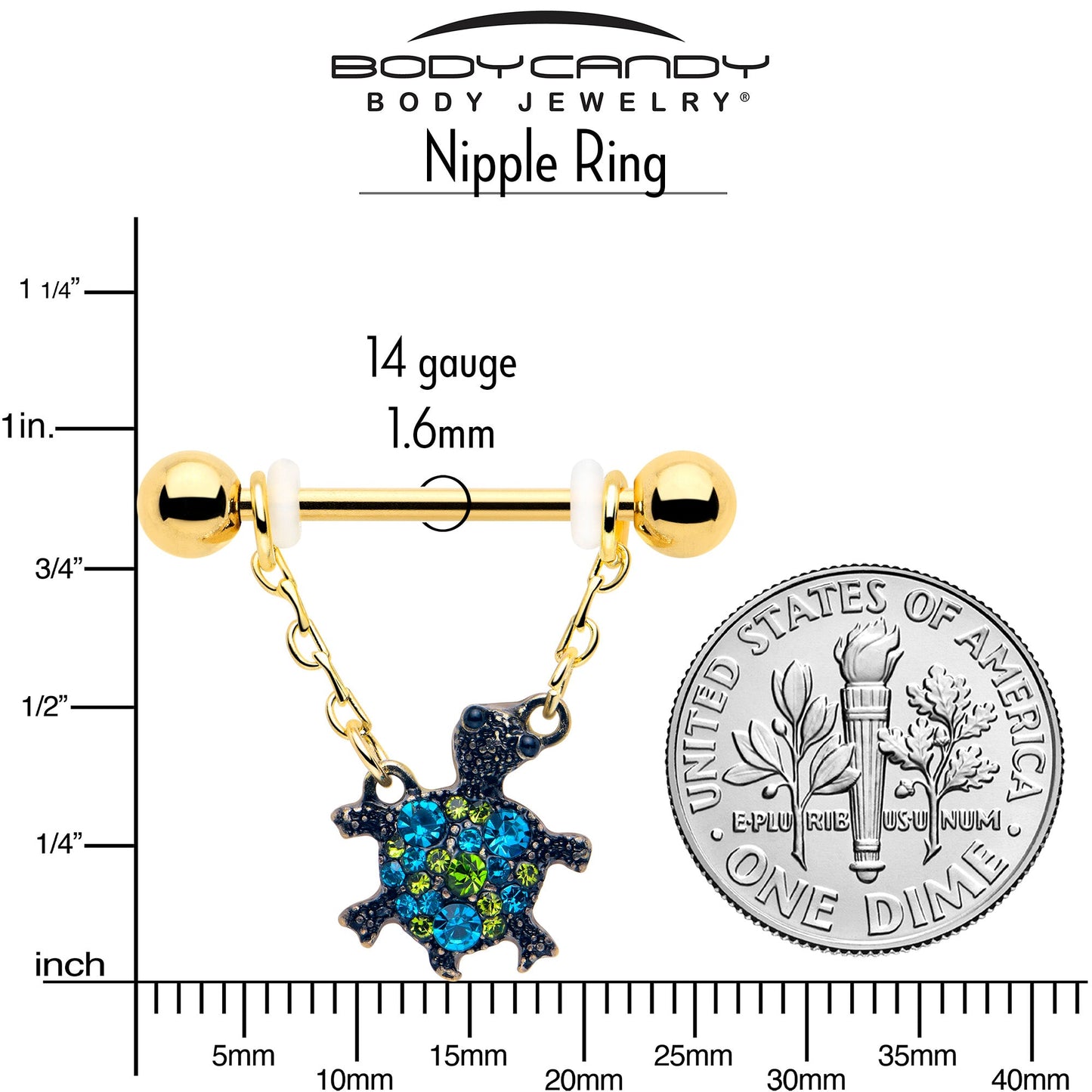 14G 9/16 Blue Gem Gold Hue Sweet Sea Turtle Dangle Nipple Ring Set