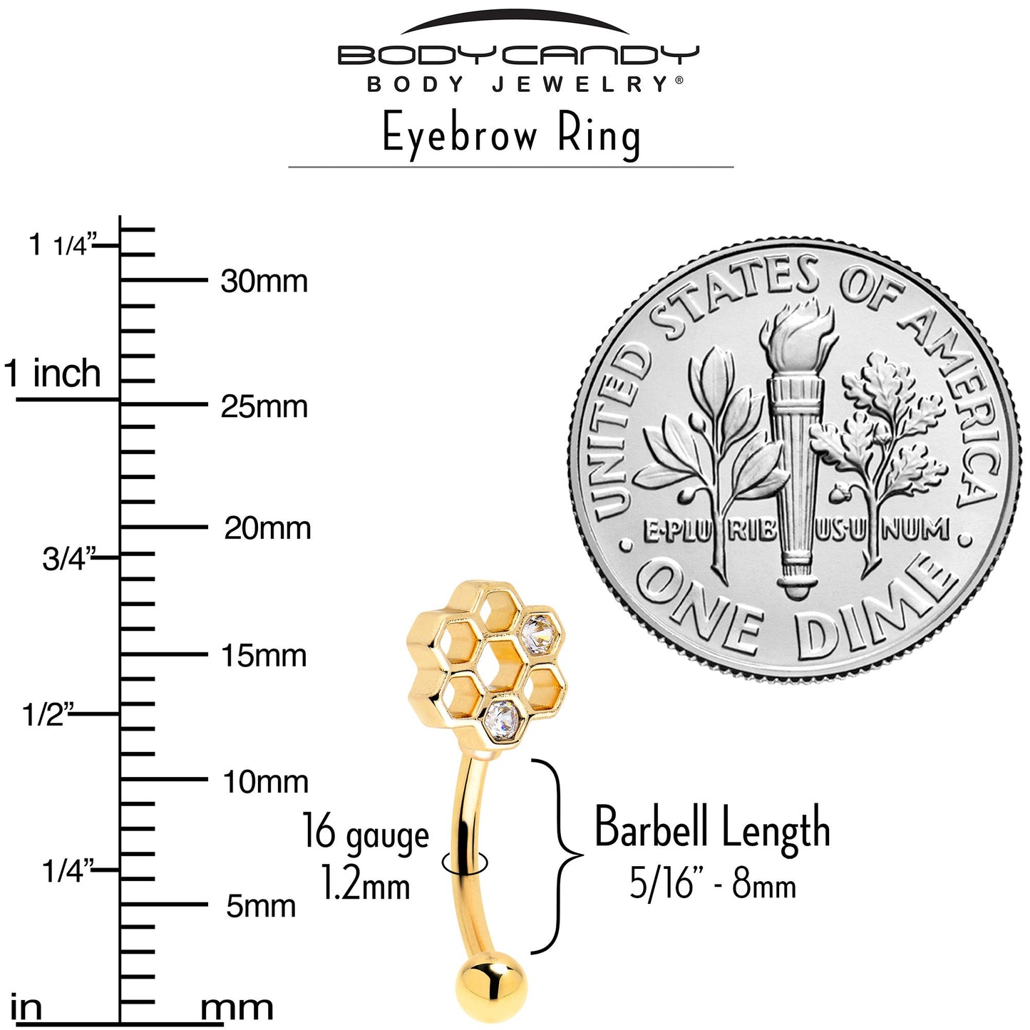 16G 5/16 Clear CZ Gold Tone Bee Hive Luv Curved Eyebrow Ring Set of 2