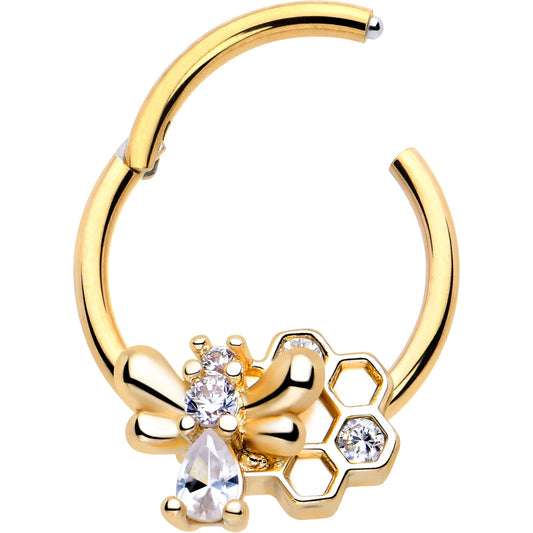 16G 3/8 Clear CZ Gem Gold Tone Bee Hive Luv Hinged Segment Ring