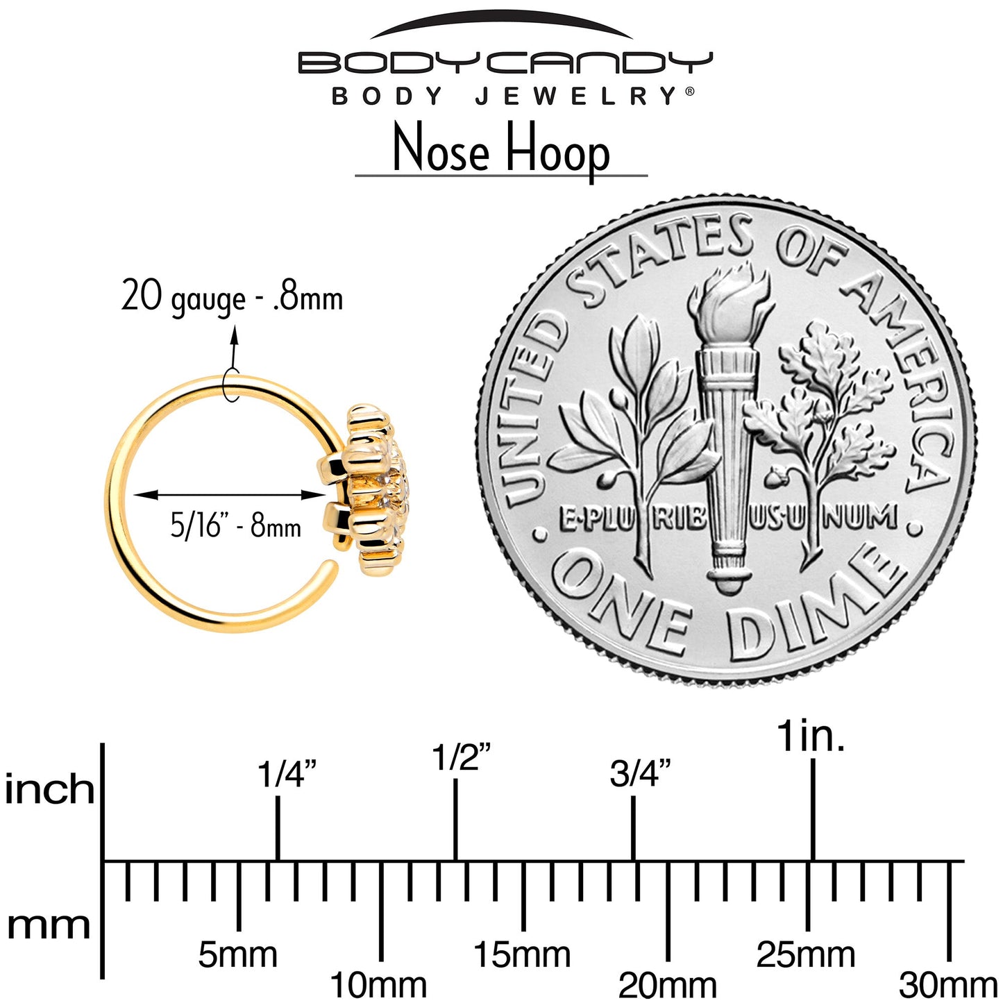 20G 5/16 Clear CZ Gem Gold Tone Glam Snowflake Nose Hoop