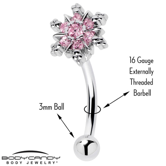 16G 5/16 Pink CZ Gem Snowflake Glam Curved Eyebrow Ring