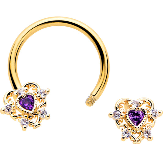 16G 3/8 Purple CZ Gem Gold Tone Heart of Love Horseshoe