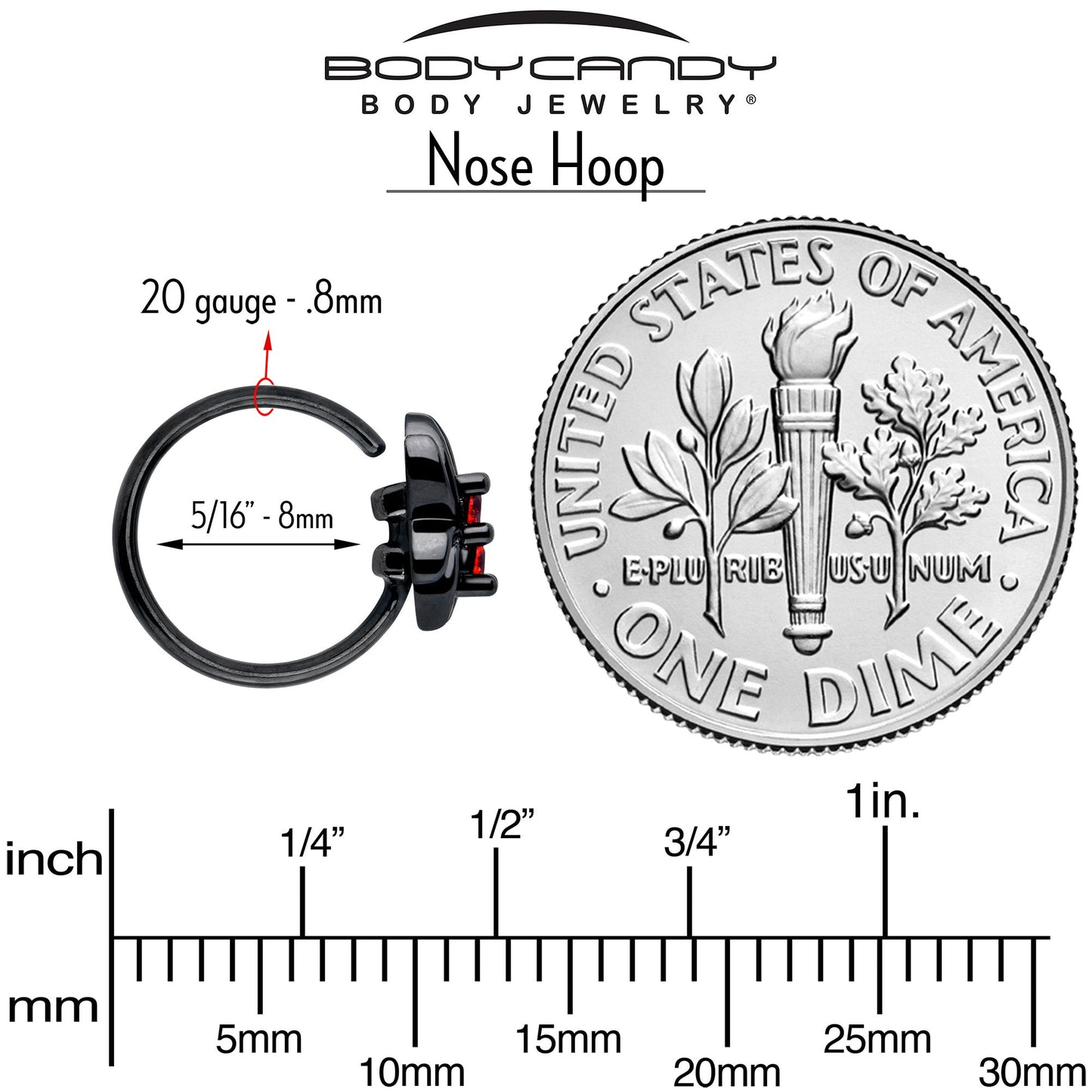 20G 5/16 Red CZ Gem Black Sleek Spider Nose Hoop