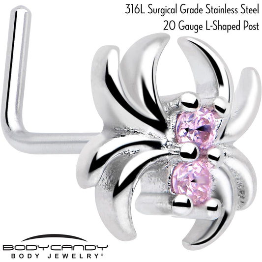 20G 7mm Pink CZ Gem Sleek Spider L Shape Nose Ring