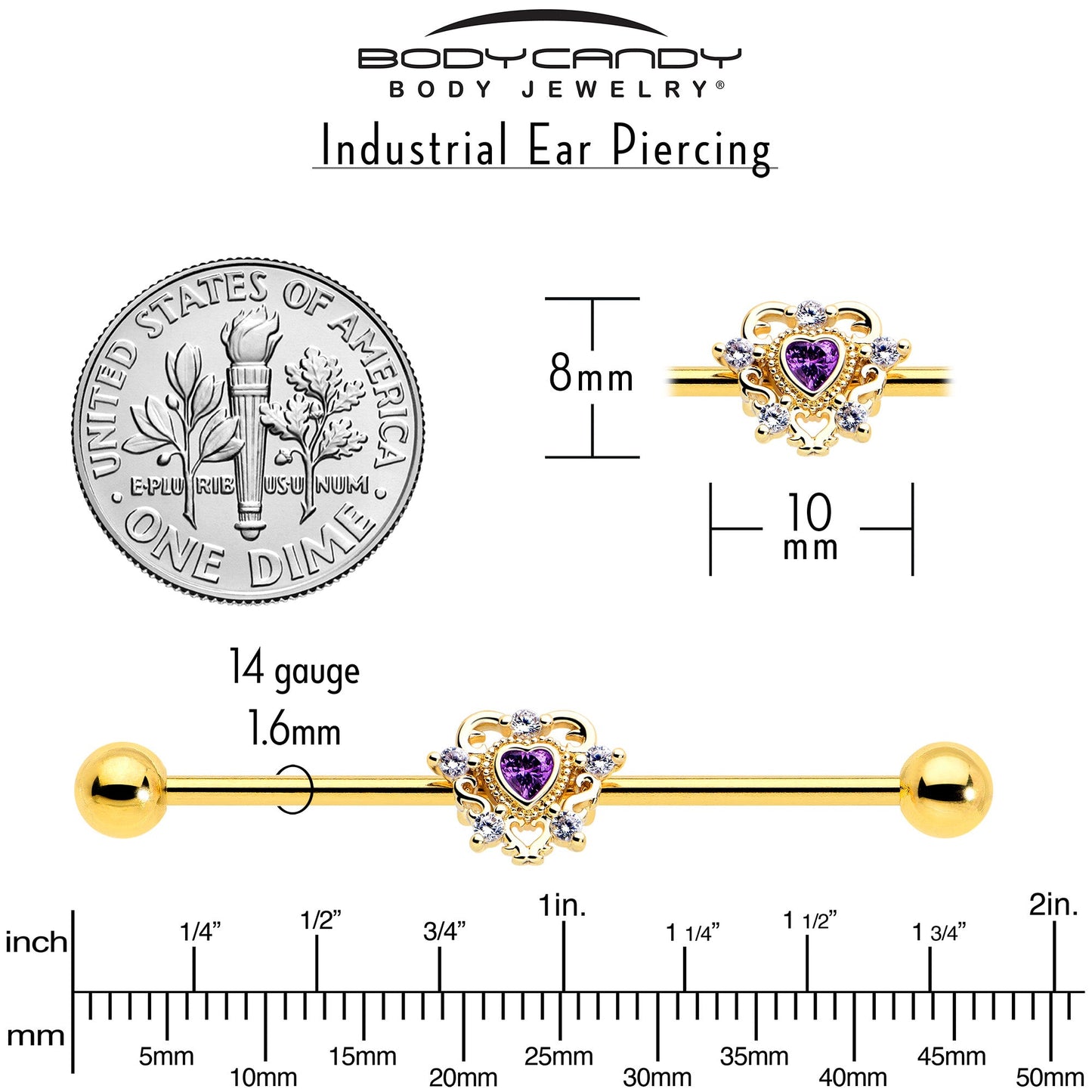 14G Purple CZ Gem Gold Tone Heart of Love Industrial Barbell 38mm