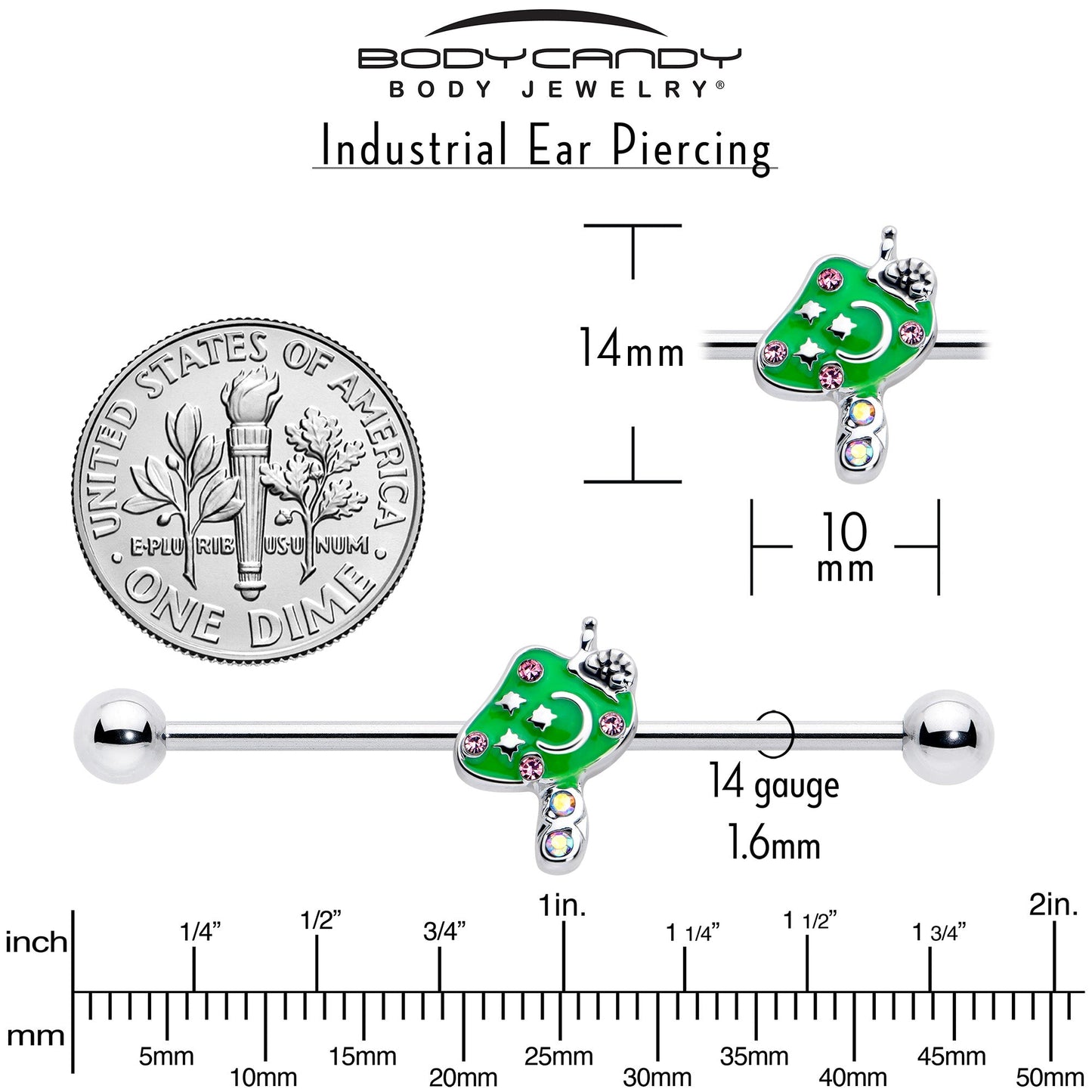 14G Pink Gem Fanciful Green Mushroom Industrial Barbell 38mm