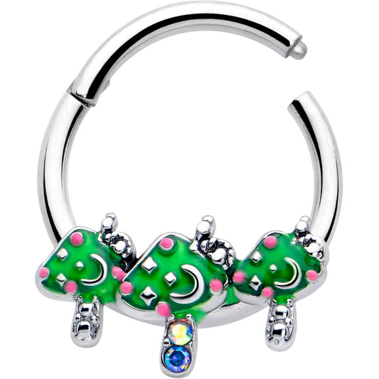 16G 3/8 Aurora Gem Fanciful Green Mushroom Trio Hinged Segment Ring