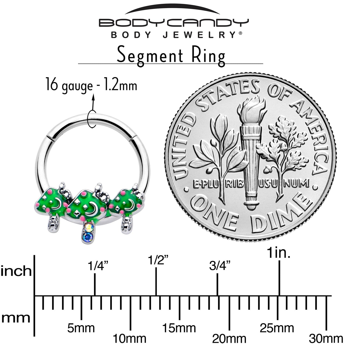 16G 3/8 Aurora Gem Fanciful Green Mushroom Trio Hinged Segment Ring