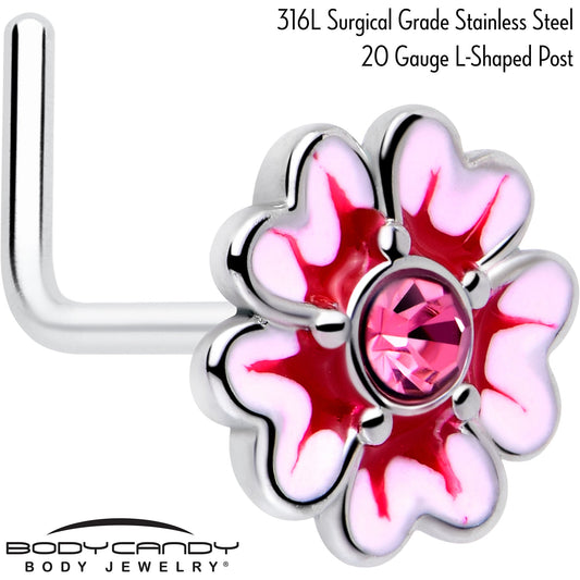 20G 5/16 Pink CZ Gem Dainty Pink Flower L Shape Nose Ring