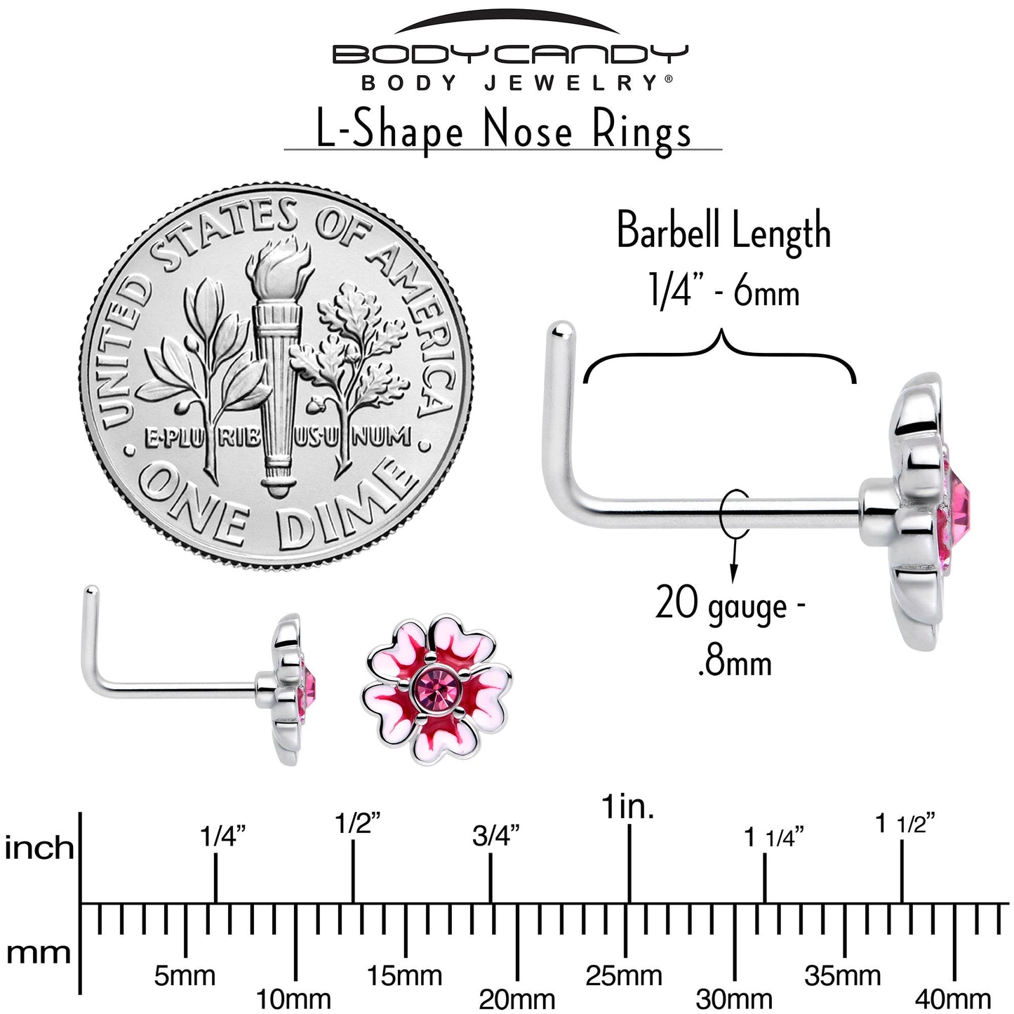 20G 5/16 Pink CZ Gem Dainty Pink Flower L Shape Nose Ring