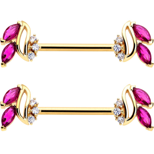 14G 9/16 Red CZ Gem Gold Tone Swirl Fan Barbell Nipple Ring Set