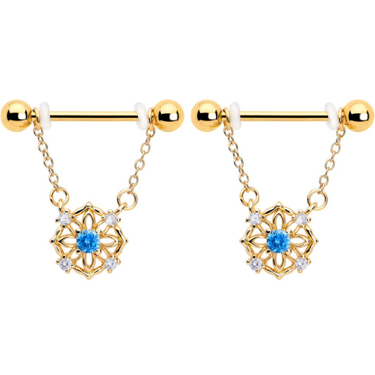 14G 9/16 Blue CZ Gem Gold Tone Flower Ring Dangle Nipple Ring Set