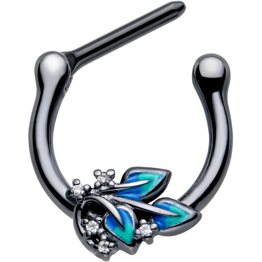 16G 5/16 Clear CZ Gem Black Lush Leaves Cartilage Clicker