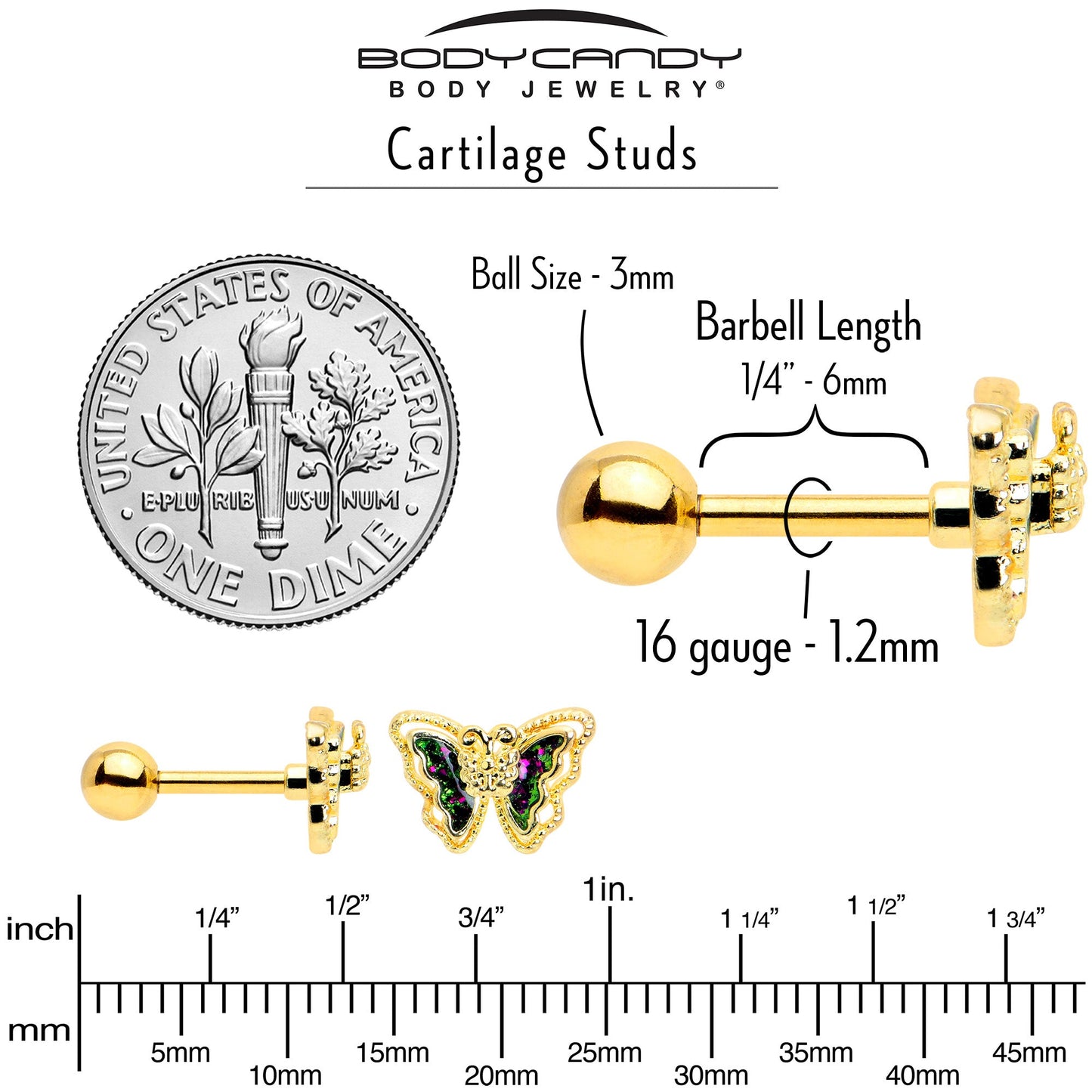 16G 1/4 Vitrail Gem Gold Tone Classic Butterfly Cartilage Earring